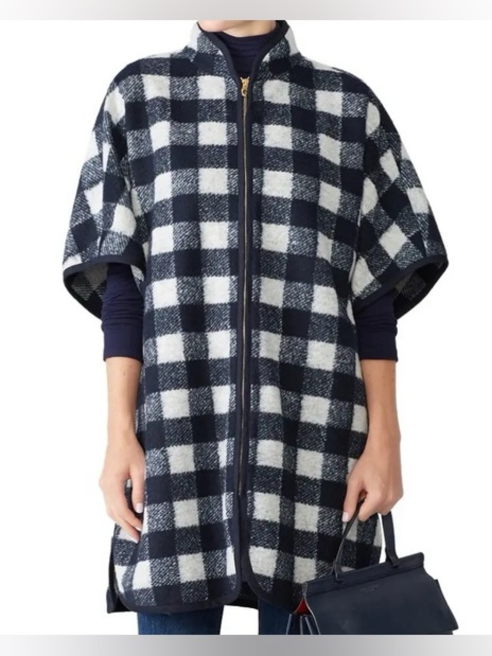 Draper James Navy and Cream Plaid Zip Cape Coat Size XS/S Zip up Short Sleeve